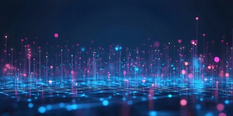 Aufkleber - 青とピンクの光る粒子とラインが織りなすデジタル抽象背景 深い青色の背景に輝く光の風景