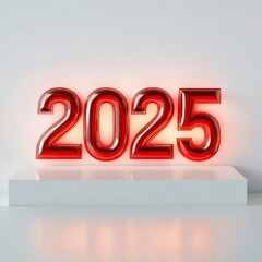 Poster - 2025年の赤色の数字バルーンが白い台座に配置され背景に光を放つ新年のコンセプト