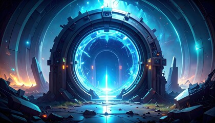 Poster - Futuristic Teleportation Device Amidst Ruins of a Scientific Breakthrough