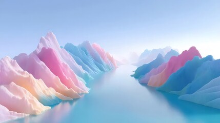 Poster - パステルカラーのキューブで構成された山々 川を挟んで広がる幻想的な風景 青い空と柔らかな光が包み込む美しい情景