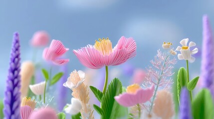Aufkleber - パステルピンクの花が咲き誇る春の風景 空色の背景に多様な草花が咲き乱れる 美しい自然の光と色彩が調和したイメージ