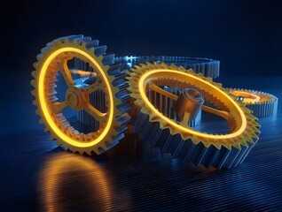 Poster - 輝く黄金色の歯車が青色の背景で回転するメカニズムの抽象的な3Dレンダリング