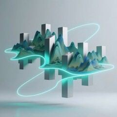 Aufkleber - 青緑色の山々が白い立方体の構造の上に浮かび光る線が描かれた抽象的なデジタルアート