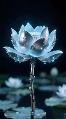 Poster - 青い金属製の蓮の花が暗い背景に輝き水面に浮かぶ芸術的なイメージ