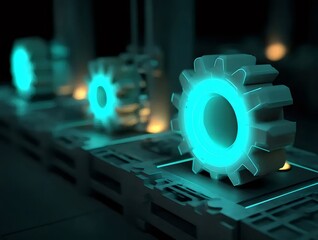 Aufkleber - 暗い背景に浮かび上がる青い光を放つ歯車の連なり テクノロジーと未来的な工業デザインの概念