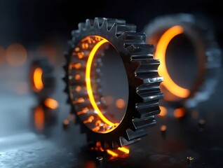 Poster - 3D レンダリングの歯車がオレンジ色の光で照らされ 黒い背景に浮かび上がっています
