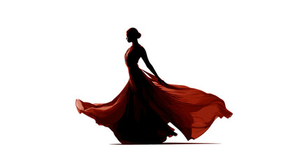 Wall Mural - Woman dancing in flowing dress silhouette side view vector isolated on white background  -  
