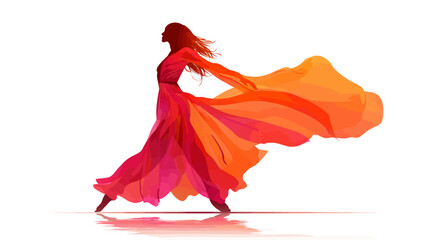 Wall Mural - Woman dancing in flowing dress silhouette side view vector isolated on white background  -  