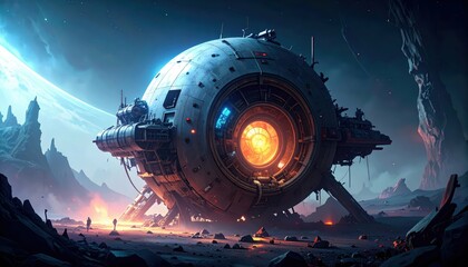 Poster - Revolutionary Anti-Gravity Generator in a Ruined Sci-Fi Landscape