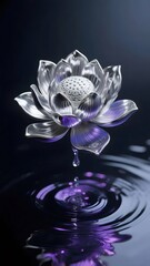 Aufkleber - 銀色の蓮の花が紫色の水面に落ちる雫を表現したエレガントな3Dアート 深い黒の背景
