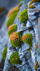 Aufkleber - 自然の岩肌に生える鮮やかな緑色の苔とオレンジ色の植物群 落クローズアップ 自然の風景 テクスチャと詳細 鮮やかな色合い