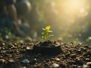 Poster - 若い芽が土壌から出現する太陽光線の中で育つ手元背景に緑葉のクローズアップ