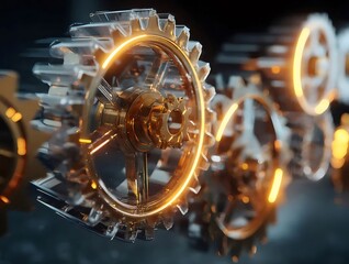 Poster - 黄金と透明な歯車が連携する近接ビュー機械技術の抽象的な背景