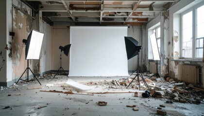Poster - Ruined Photography Studio with Broken Walls and Artistic Setup