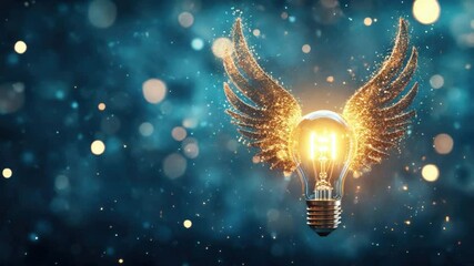 Poster - Glowing Light Bulb with Angelic Wings Surrounded by Sparkling Particles in a Dreamy Background 4k video footage