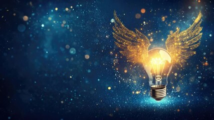 Poster - conceptual representation of creativity with a glowing light bulb and angel wings on a vibrant blue 