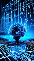 Poster - Digital glowing brain model with circuit board details on a network grid for technology or science concept