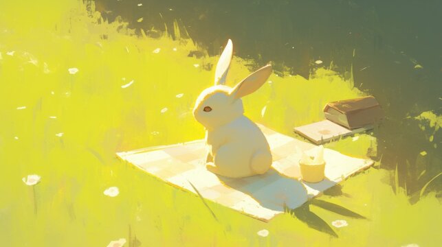 silhouette of a bunny on a picnic blanket under the su