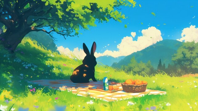 silhouette of a bunny on a picnic blanket under the su