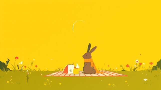 silhouette of a bunny on a picnic blanket under the su
