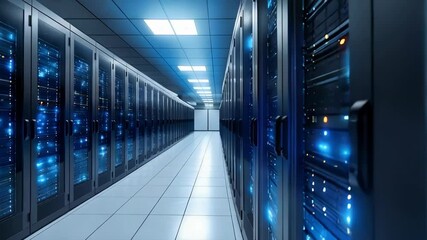 Poster - Data center with server racks in corridor showing blue lights, showcasing information technology and cyber security infrastructure