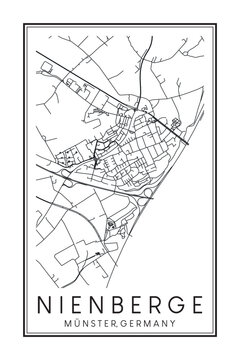 Hand drawn printable downtown road map poster of borough NIENBERGE of the German city of MÜNSTER on solid white background with city name