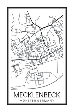 Hand drawn printable downtown road map poster of borough MECKLENBECK of the German city of MÜNSTER on solid white background with city name