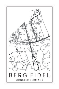 Hand drawn printable downtown road map poster of borough BERG FIDEL of the German city of MÜNSTER on solid white background with city name