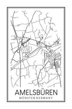 Hand drawn printable downtown road map poster of borough AMELSBÜREN of the German city of MÜNSTER on solid white background with city name