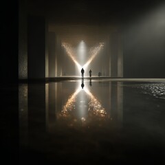 Poster - A Glimmering Path: Figures Silhouetted in a Vast Hallway, Mirrored in Water Under a Swathe of Radiant Light.