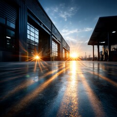 Aufkleber - Golden Hour at the Industrial Park: A Spectacular Sunset Illuminates the Modern Architecture and Reflects on the Polished Concrete Surface