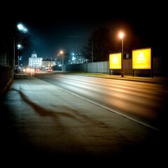 Aufkleber - Night Scene: City Street Illuminated by Streetlights with Billboards and Distant Building
