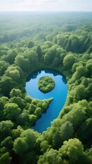 Poster - 空中視点から見た数字9の形をした青い湖と緑豊かな森の風景 自然の美しさと幾何学的なパターン