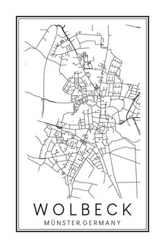 Hand drawn printable downtown road map poster of borough WOLBECK of the German city of MÜNSTER on solid white background with city name