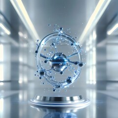 Poster - 青い金属製の球体と円形のデザイン 輝く未来的な背景に配置された科学技術コンセプト