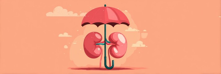 Poster - kidneys protected by umbrella illustrating importance of organ health and wellbeing in a playful ani