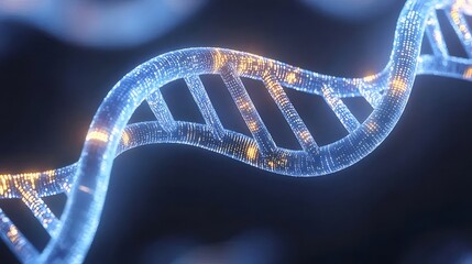 Poster - 青色発光DNA螺旋構造のクローズアップ 暗い背景に未来的な科学技術イメージ