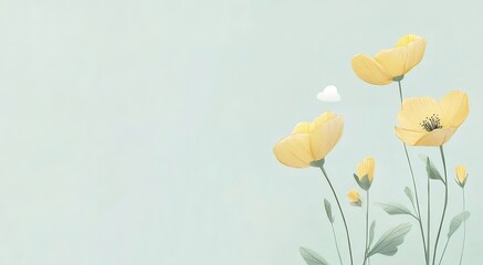 Poster - 淡い背景に咲く鮮やかな黄色の花と芽のクローズアップ イラスト シンプルで穏やかな春の自然テーマ