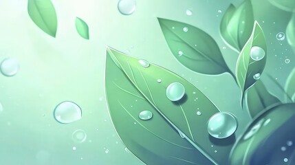 Aufkleber - 爽やかな緑の葉に水滴が輝く背景 夏の植物の生命力を表現した自然のクローズアップ