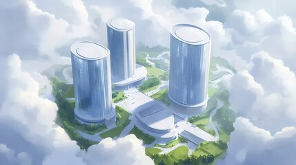Fototapete - 雲海に浮かぶ未来都市の透き通った円柱状ビル群 鮮やかな青と緑のコントラスト