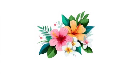 Aufkleber - 白い背景にピンクオレンジ白の熱帯花と緑の葉水彩イラスト