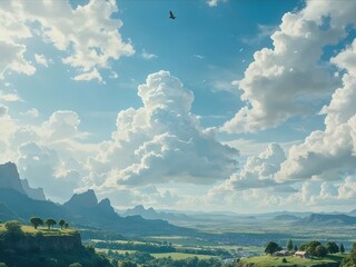 Poster - 青い空と雲広がる風景 丘の上を飛ぶ鳥 緑豊かな谷と山々 自然の美しさ