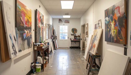 Poster - Lively Artist Studio Hallway with Canvases and Art Supplies