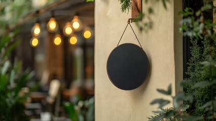 Poster - Modern coffee shop sign design, black circle hanging on a copper bracket, soft beige wall with dreamy garden reflections and cafe lights