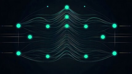 Aufkleber - 暗い背景に緑色の光るノードと接続線で構成されたネットワーク構造の抽象的デジタルイメージ