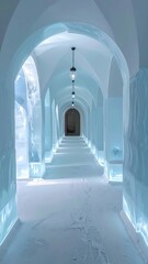 Poster - Serene Ice Palace Hallway with Intricate Sculptures and Cool Ambiance