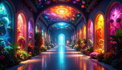 Poster - Vibrant Alien Art Gallery with Colorful Cosmic Hallway