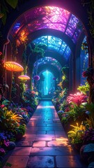 Poster - Vibrant Alien Botanical Garden in a Hallway with Strange Flora