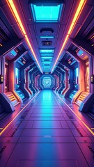 Poster - Vibrant Alien Hallway in Futuristic Spaceship with Strange Technology