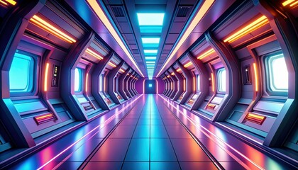 Poster - Vibrant Hallway Surrounded by Unusual Technology in Alien Spaceship